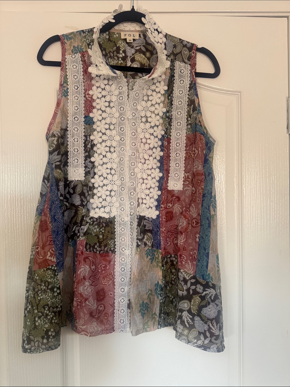 POL Multicolor Patchwork Lace-Front Sleeveless Camisole